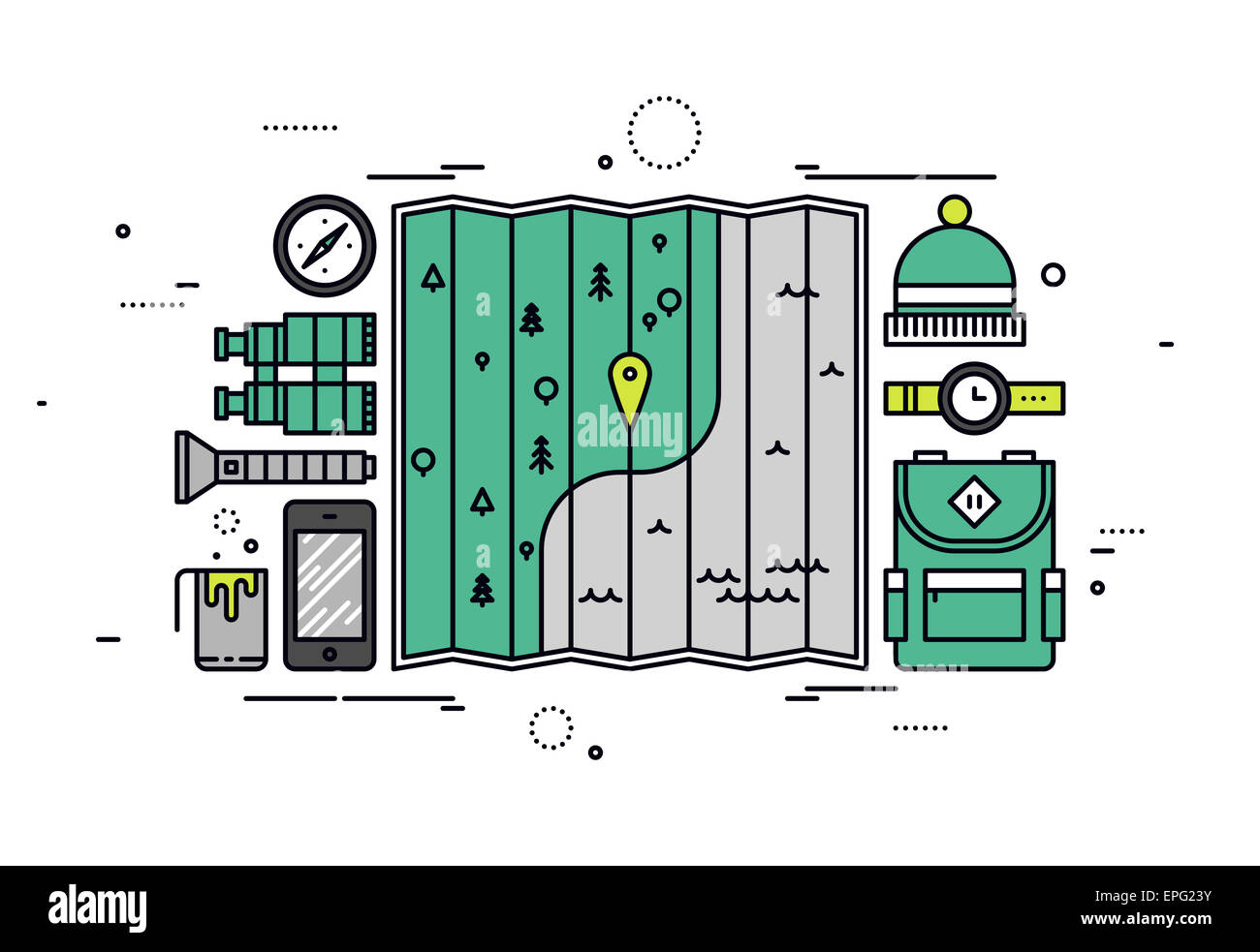 Turismo Outdoor pianificazione, preparazione di articoli necessari per escursionismo viaggio, percorso su una mappa tra le posizioni. Foto Stock