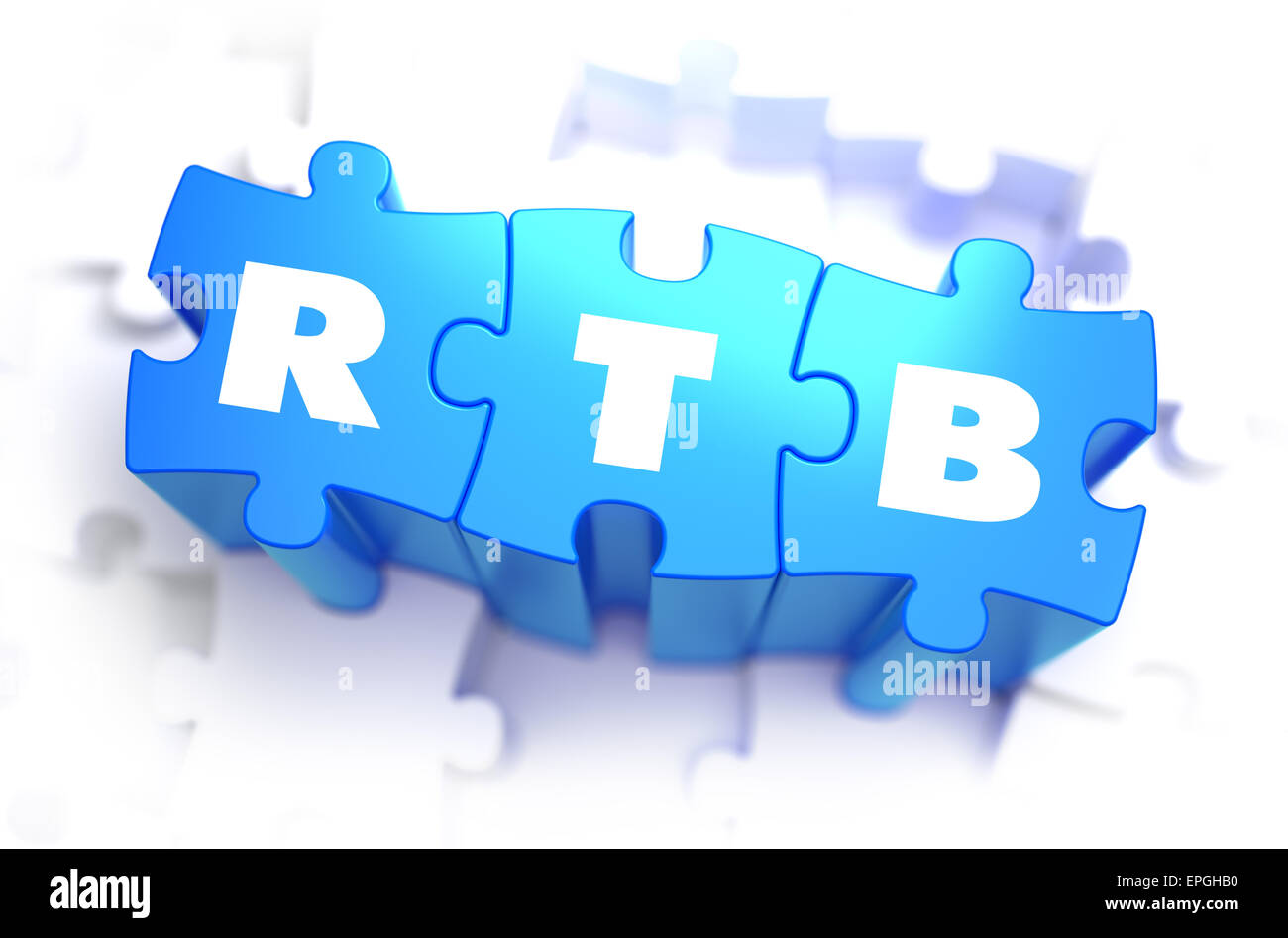 RTB - Tempo reale - Offerte - testo bianco su blu puzzle e messa a fuoco selettiva. 3D Render. Foto Stock