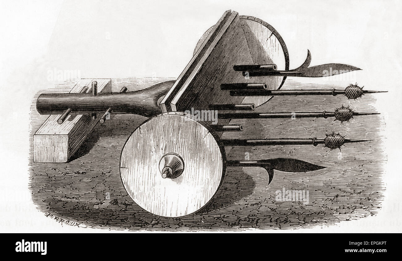 Un Ribauldequin, aka rabauld, ribault, ribaudkin, macchina infernale o organo pistola, armati con piccolo cannone e lucci. Un palazzo del XIV secolo volley pistola. Da Les Merveilles de la Science, pubblicato c.1870 Foto Stock
