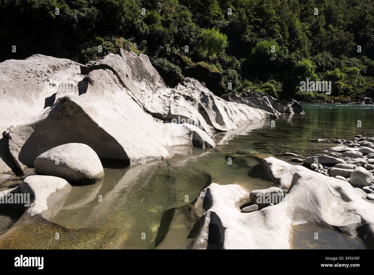 Roccia calcarea erosione Buller River Gorge, Murchison, Nuova Zelanda. Foto Stock
