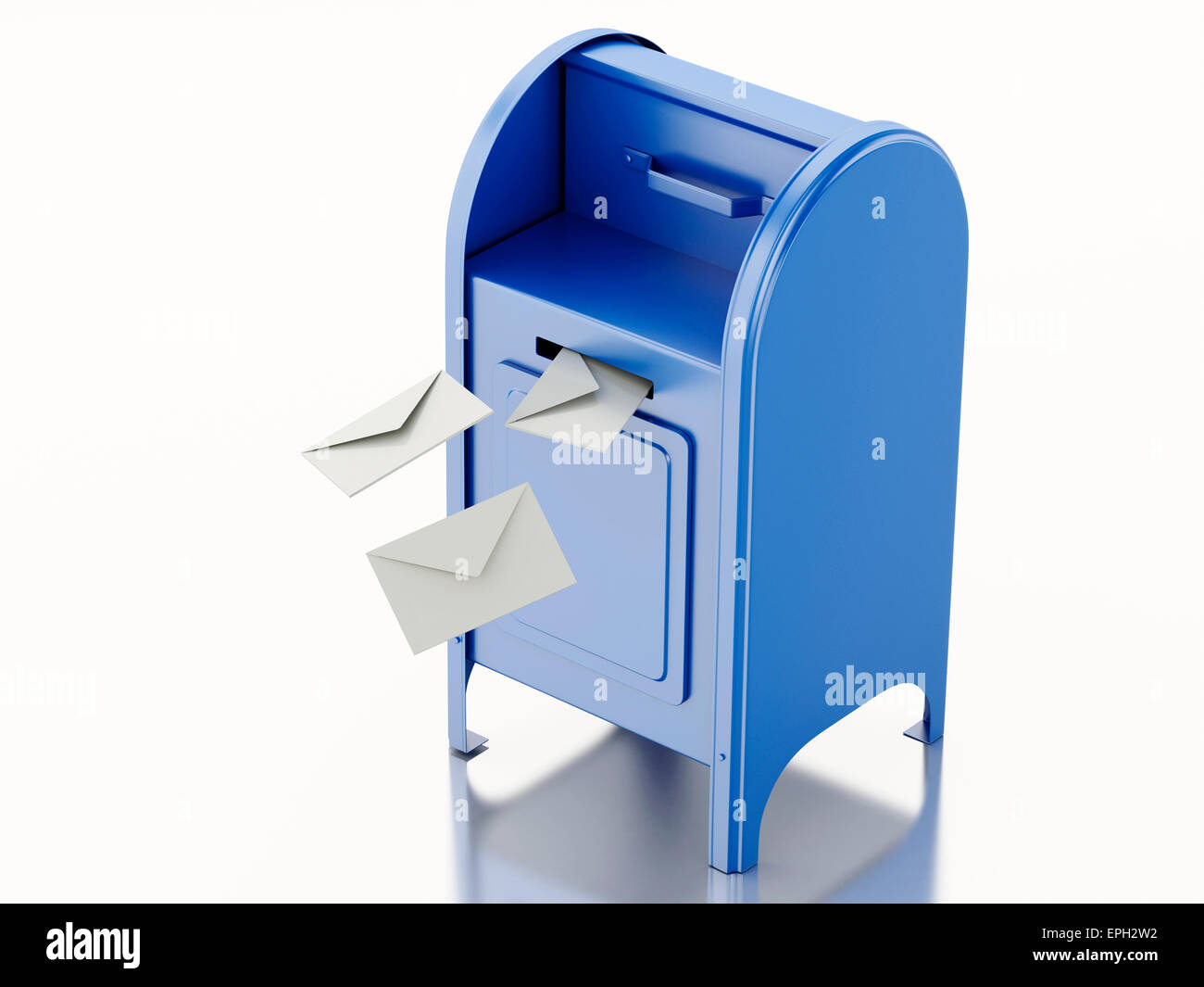 3d'illustrazione. Blu casella di posta con il mucchio di lettere. Isolato sfondo bianco Foto Stock