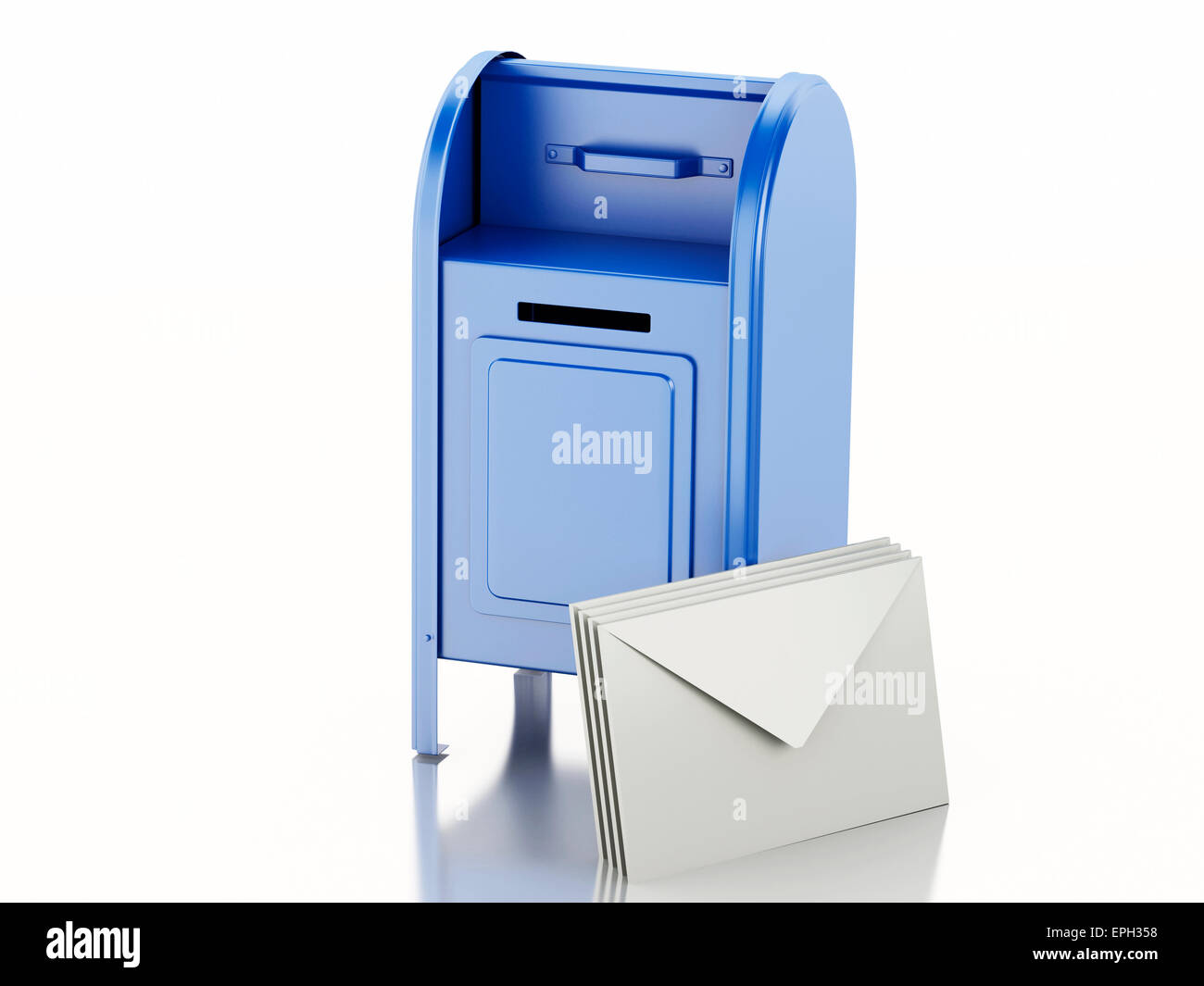 3d'illustrazione. Blu casella di posta con il mucchio di lettere. Isolato sfondo bianco Foto Stock
