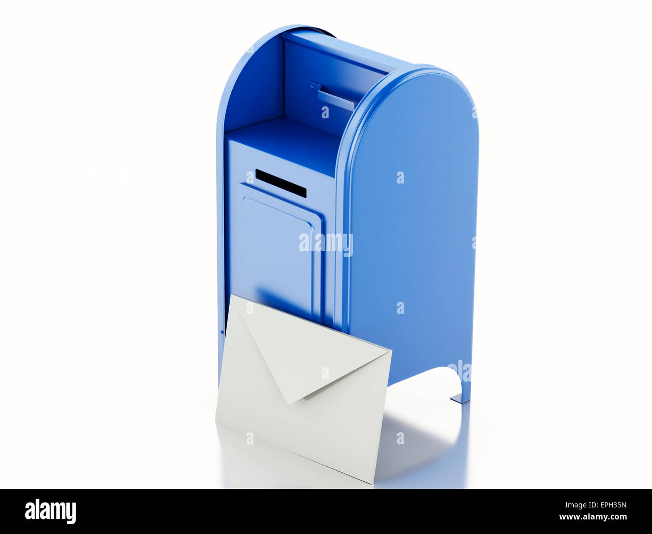 3d'illustrazione. Blu casella di posta con il mucchio di lettere. Isolato sfondo bianco Foto Stock