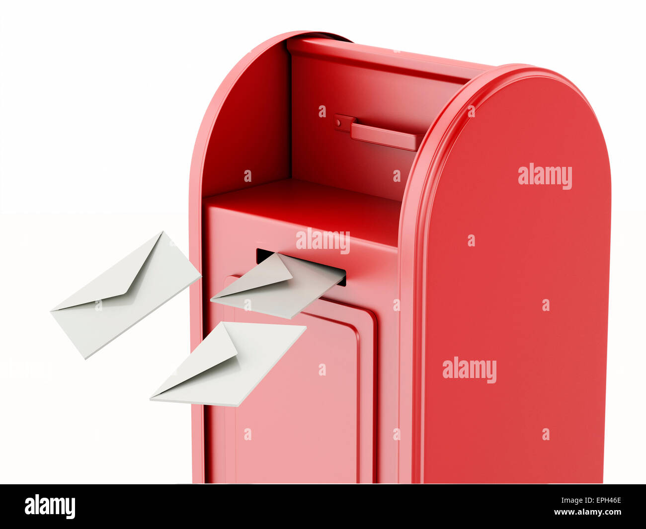 3d'illustrazione. Rosso nella casella di posta con il mucchio di lettere. Isolato sfondo bianco Foto Stock