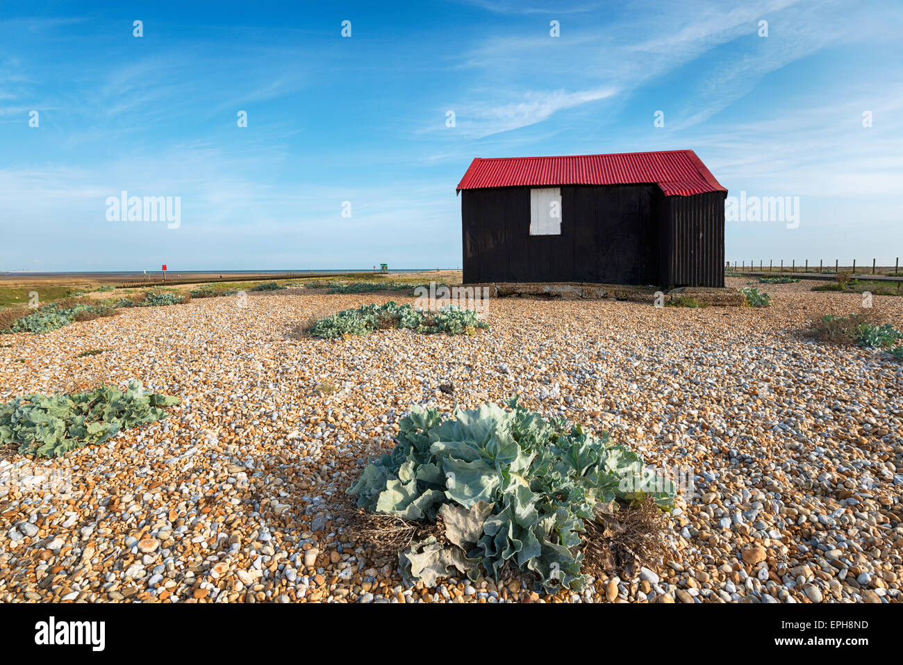 Il rosso capanna sulla spiaggia al porto di segale in East Sussex Foto Stock