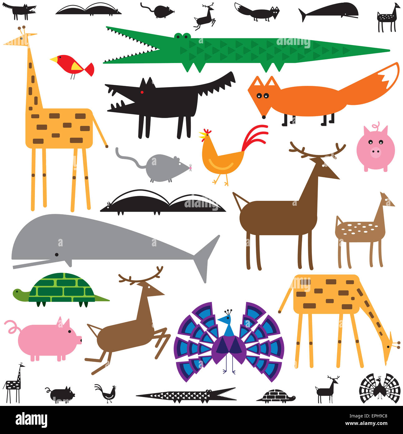 Varietà di animali stilizzati a colori e in bianco e nero Foto Stock