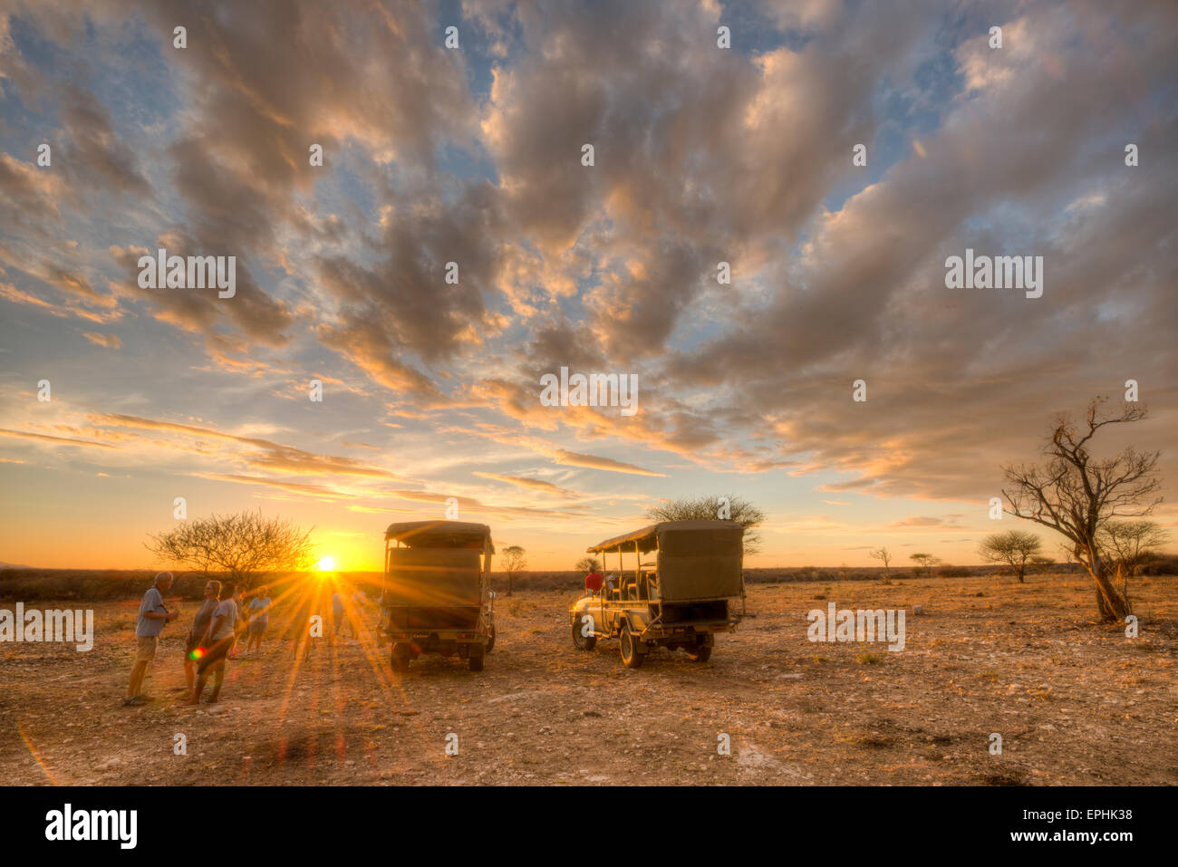 Africa, Namibia. Fondazione Africat. I turisti in piedi intorno mentre il sole tramonta. Foto Stock