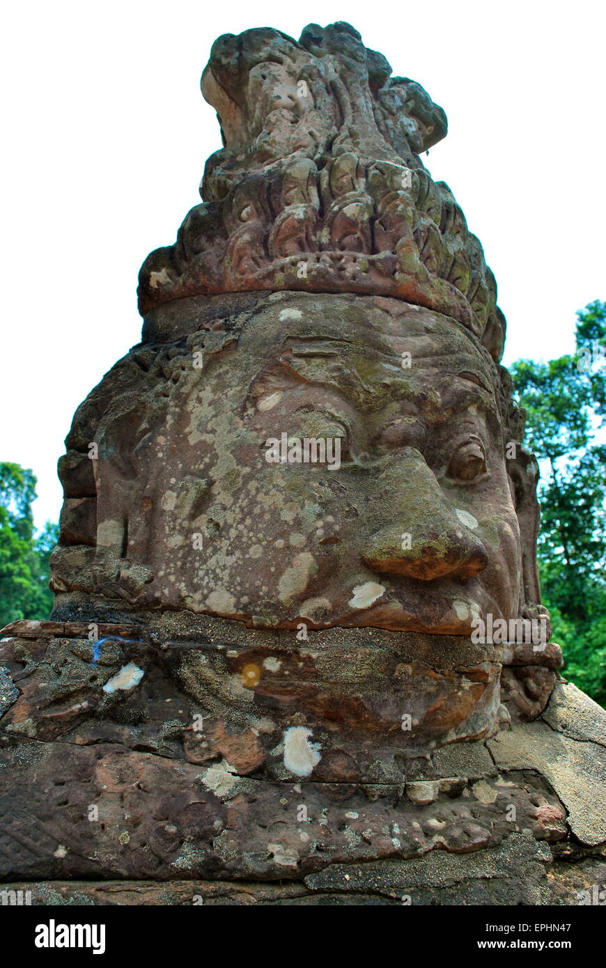 Pietra scolpita in testa, Bayon Angkor Thom, il Parco Archeologico di Angkor, Cambogia Foto Stock