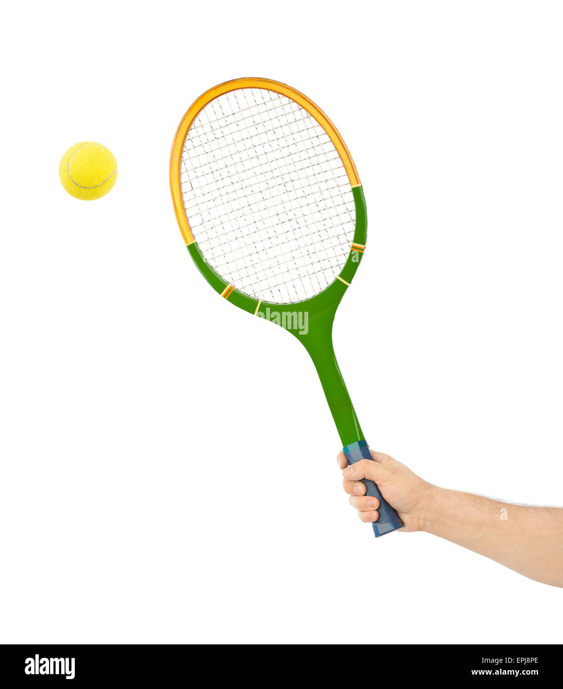 Mano con la racchetta da tennis e sfera Foto Stock
