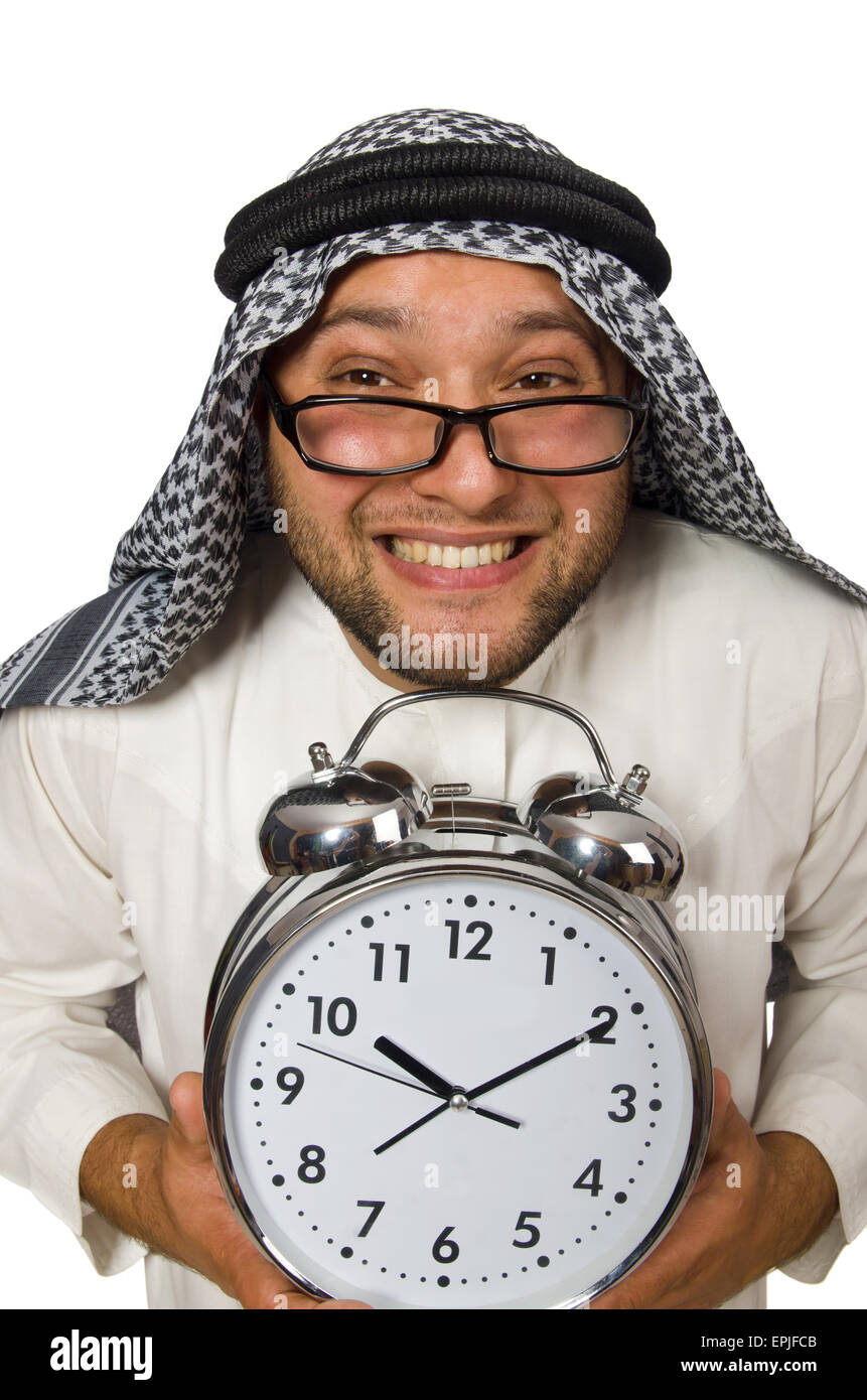 Uomo arabo con orologio isolato su bianco Foto Stock