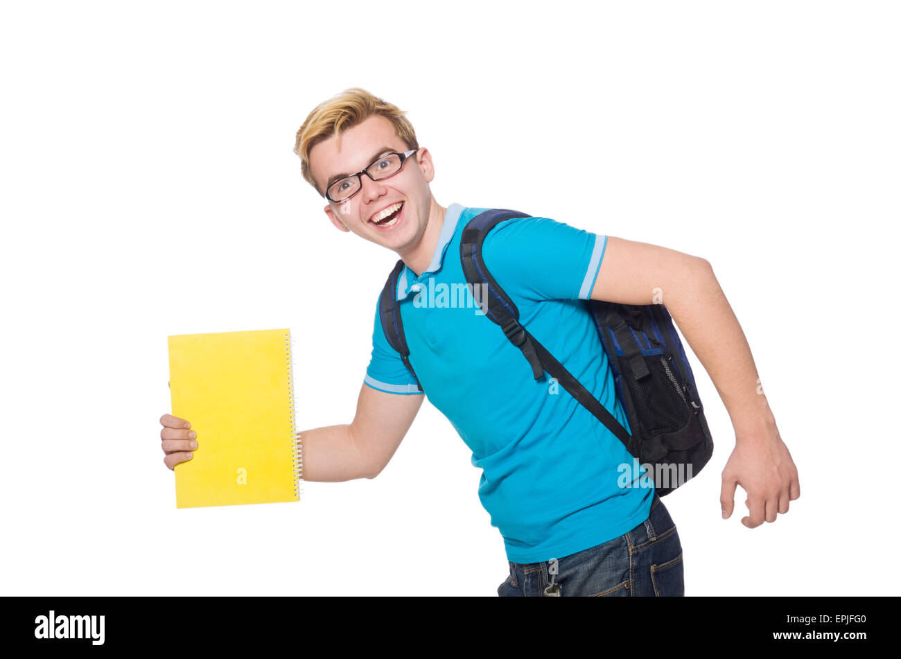 Studente correndo per la lezione isolato su bianco Foto Stock