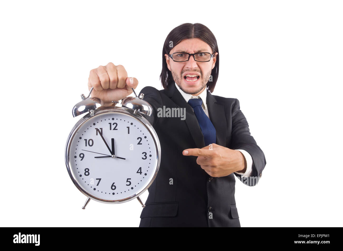 Imprenditore con orologio isolato su bianco Foto Stock