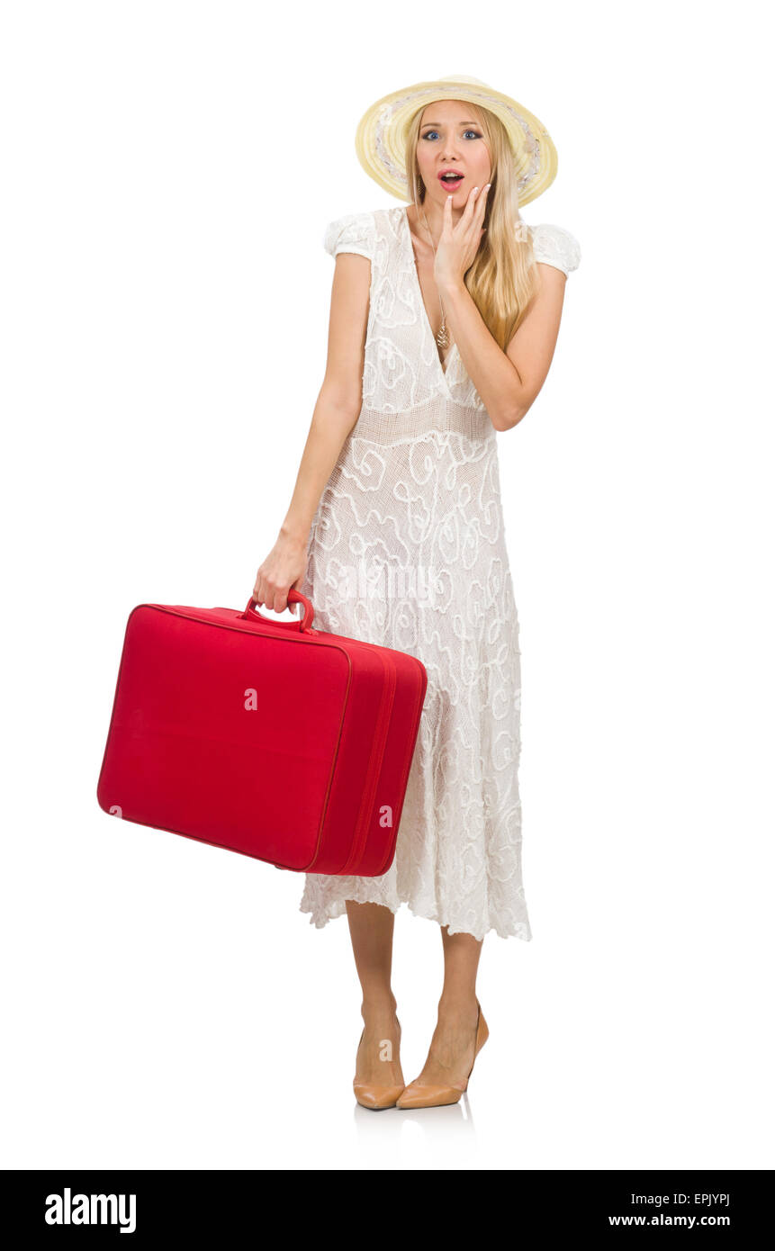 Donna con valigia rosso isolato su bianco Foto Stock