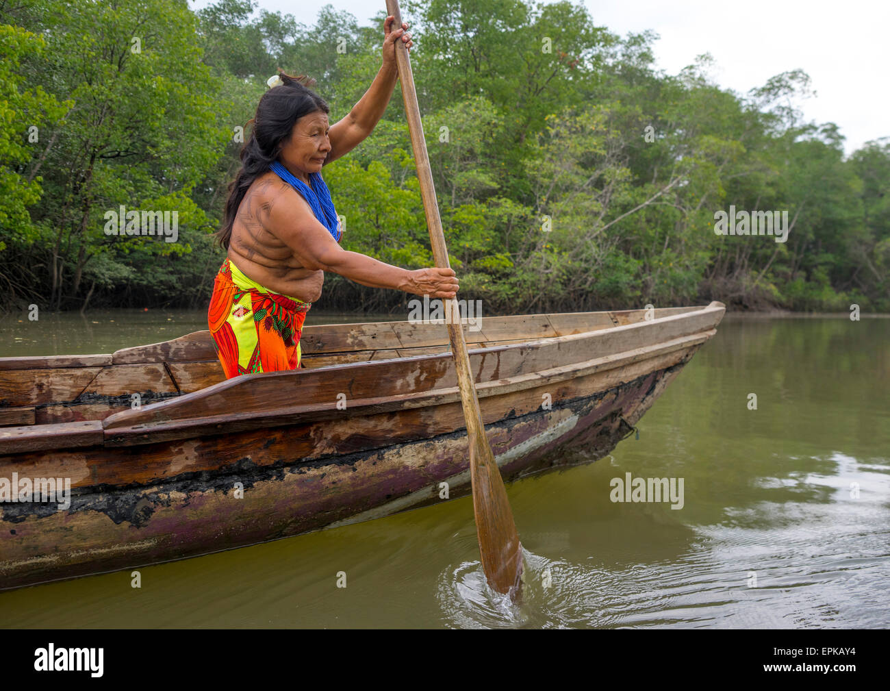 Panama, Provincia di Darien, Puerta Lara, Wounaan tribù donna remare in una canoa Foto Stock