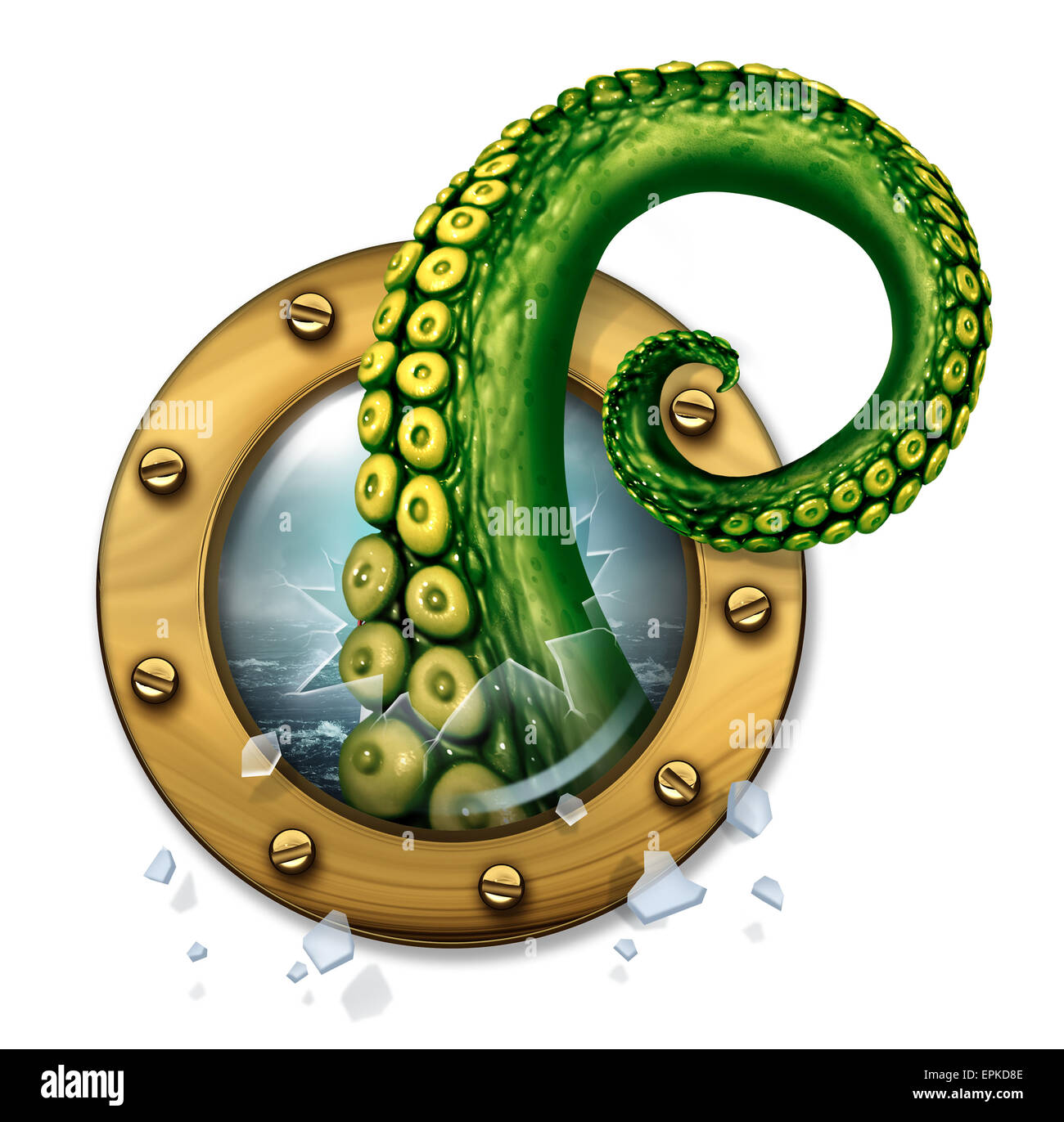 Il Mostro Marino nozione come un pauroso tentacolo verde creatura rottura del braccio attraverso il vetro di una nave oblò finestra come un concetto di fantasia per assicurazione di viaggio pericolo e rischio imprevisto durante una crociera viaggio. Foto Stock