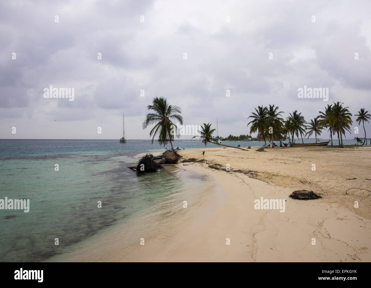Panama e isole San Blas, El Porvenir, spiaggia di sabbia bianca e palme nelle isole San Blas Foto Stock