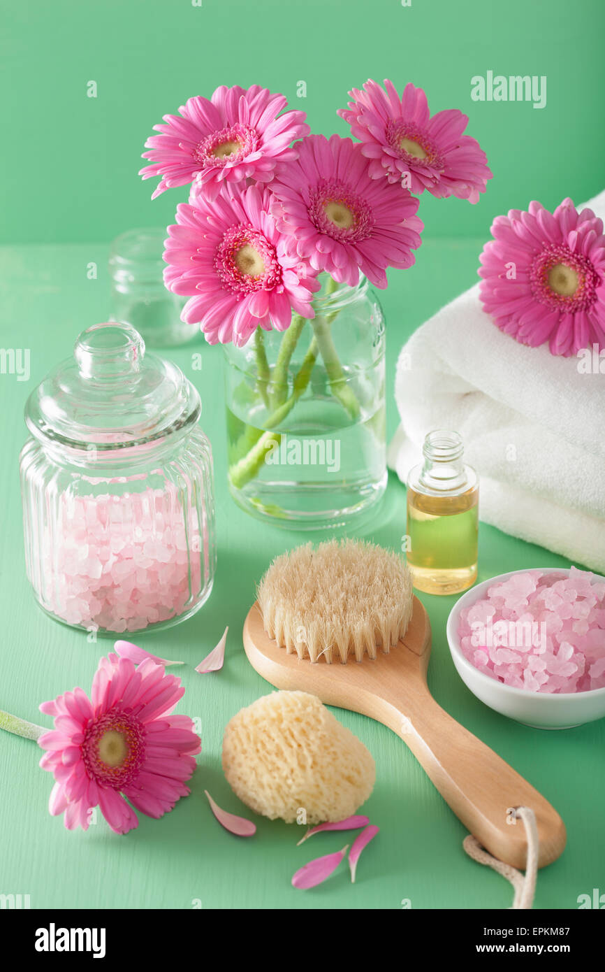 Aromaterapia spa con fiori di gerbera olio essenziale spazzola Foto Stock