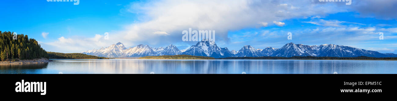Stati Uniti d'America, Wyoming Grand Teton National Park, Lago Jackson mit Teton Range, Mount Moran, Panorama Foto Stock