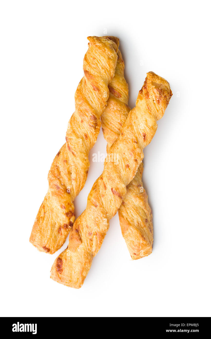 Bastoncini di pane con formaggio su sfondo bianco Foto Stock