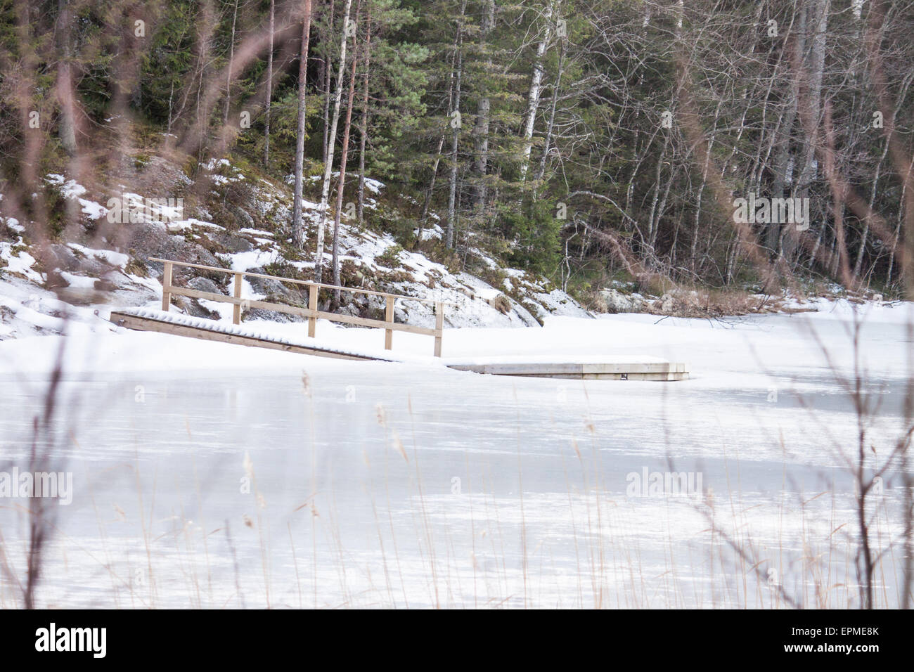 Un pontile nevoso in forrest, nel cuore dell'inverno Foto Stock