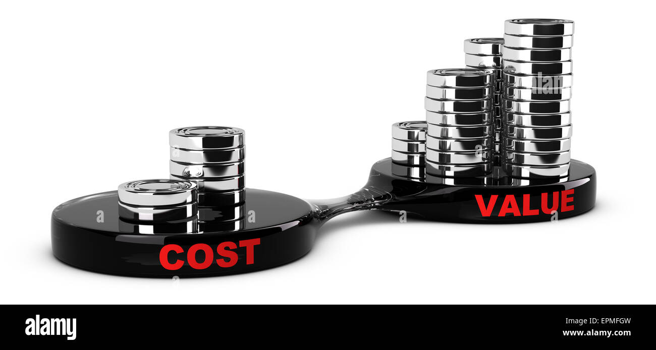 Costo e valore, concetto astratto di pali di monete. Immagine concettuale per analisi di marketing. Foto Stock
