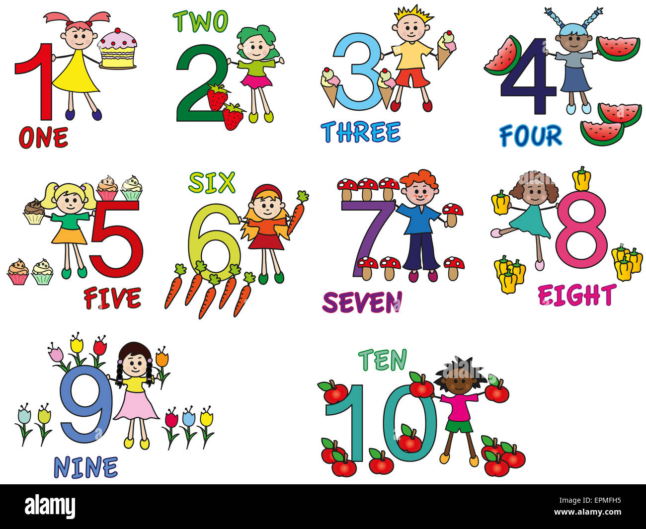 Illustrazione dei numeri divertente con i bambini Foto Stock