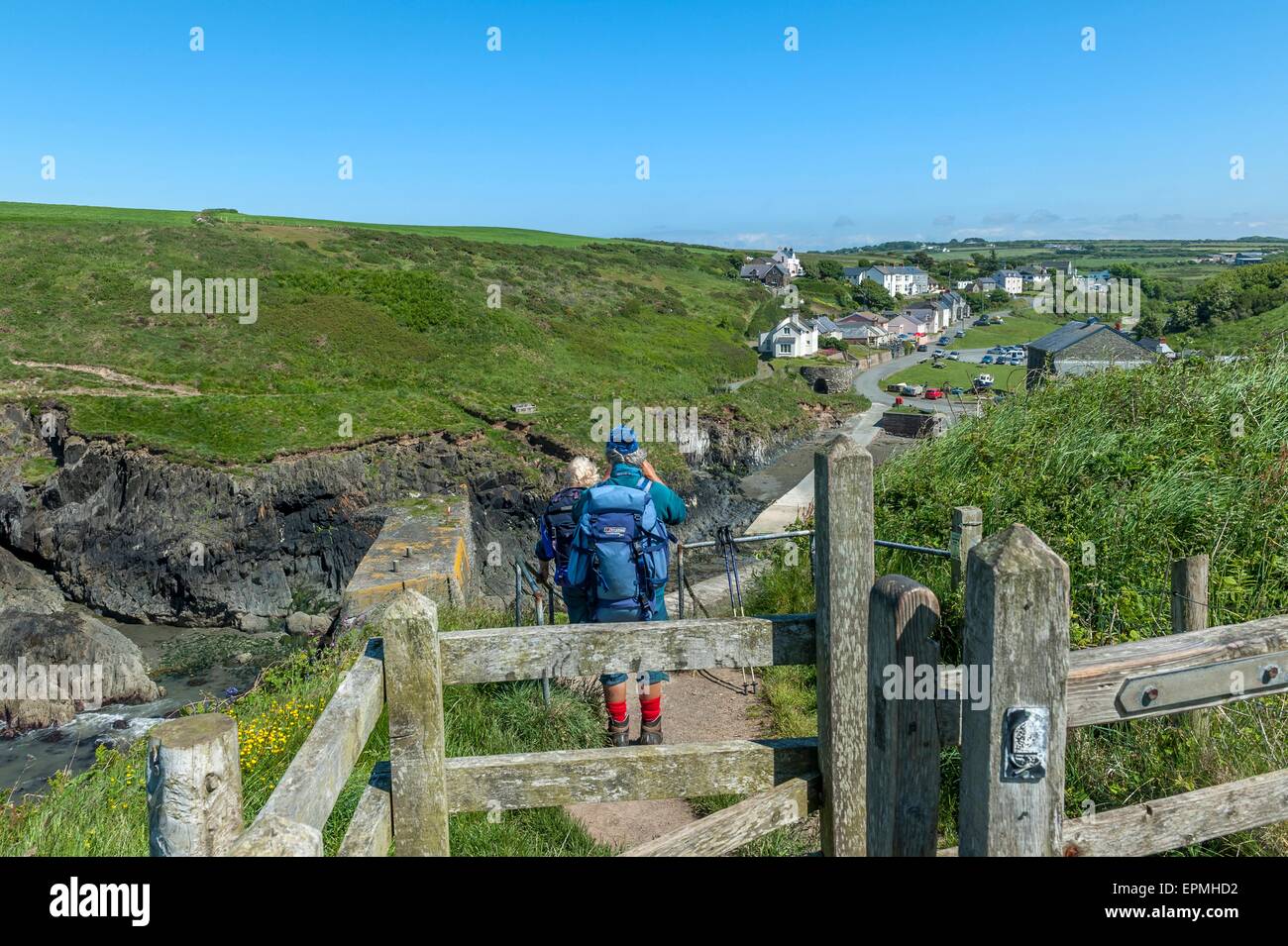 Gli escursionisti lungo il Pembrokeshire sentiero costiero a Porthgain. Pembrokeshire. Il Galles. Cymru. Regno Unito Foto Stock