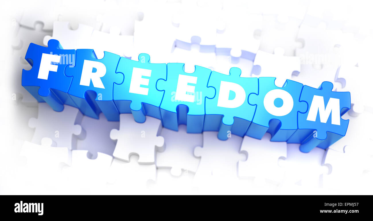 Libertà - Parola bianco su puzzle blu su sfondo bianco. 3D'illustrazione. Foto Stock