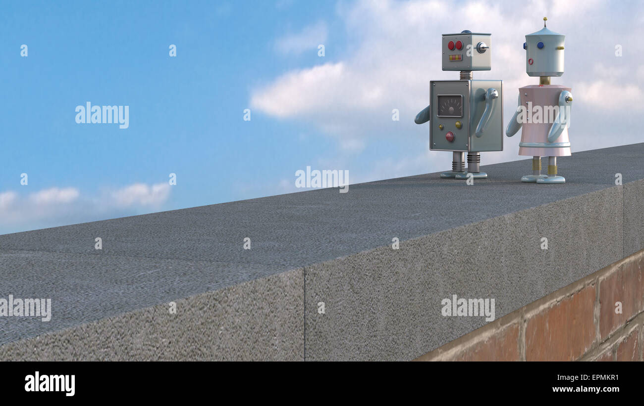 Maschio e femmina robot sulla mensola a muro, rendering 3D Foto Stock