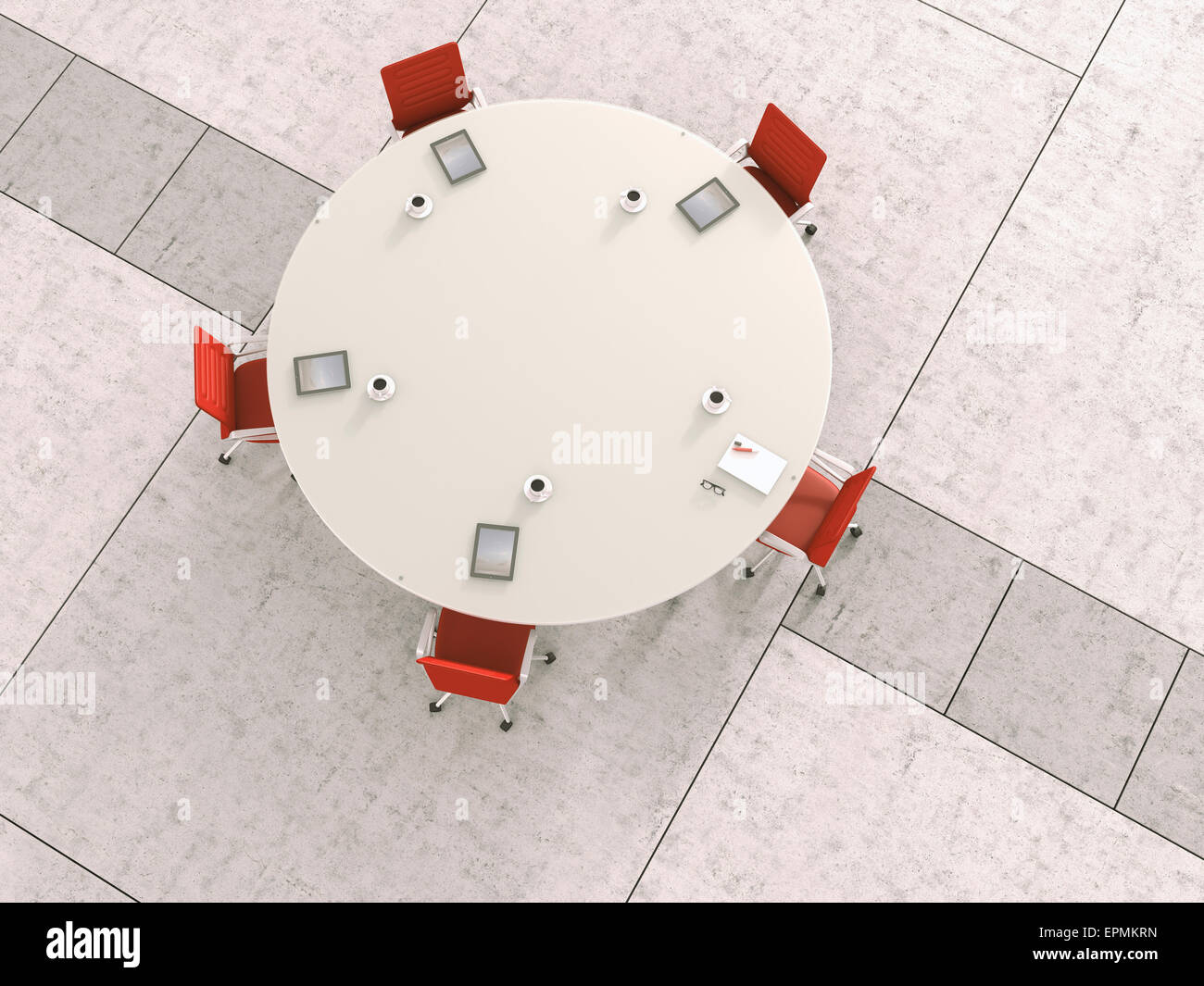 Vista di round tavolo da conferenza dal di sopra, rendering 3D Foto Stock