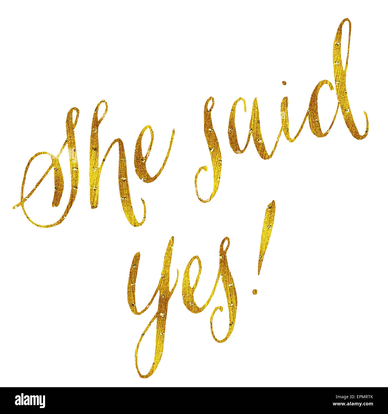 Ella ha detto sì Gold Faux Foil lustrini metallici o di nozze preventivo impegno isolato su sfondo bianco Foto Stock