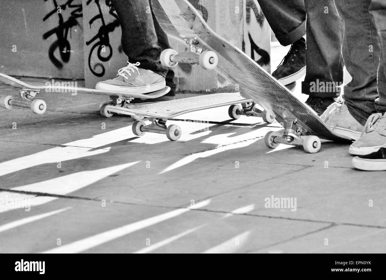 Skateboard skateboarders amici in una fila con ombre copia concreto sfondo spazio sneakers pattinaggio skate park Foto Stock