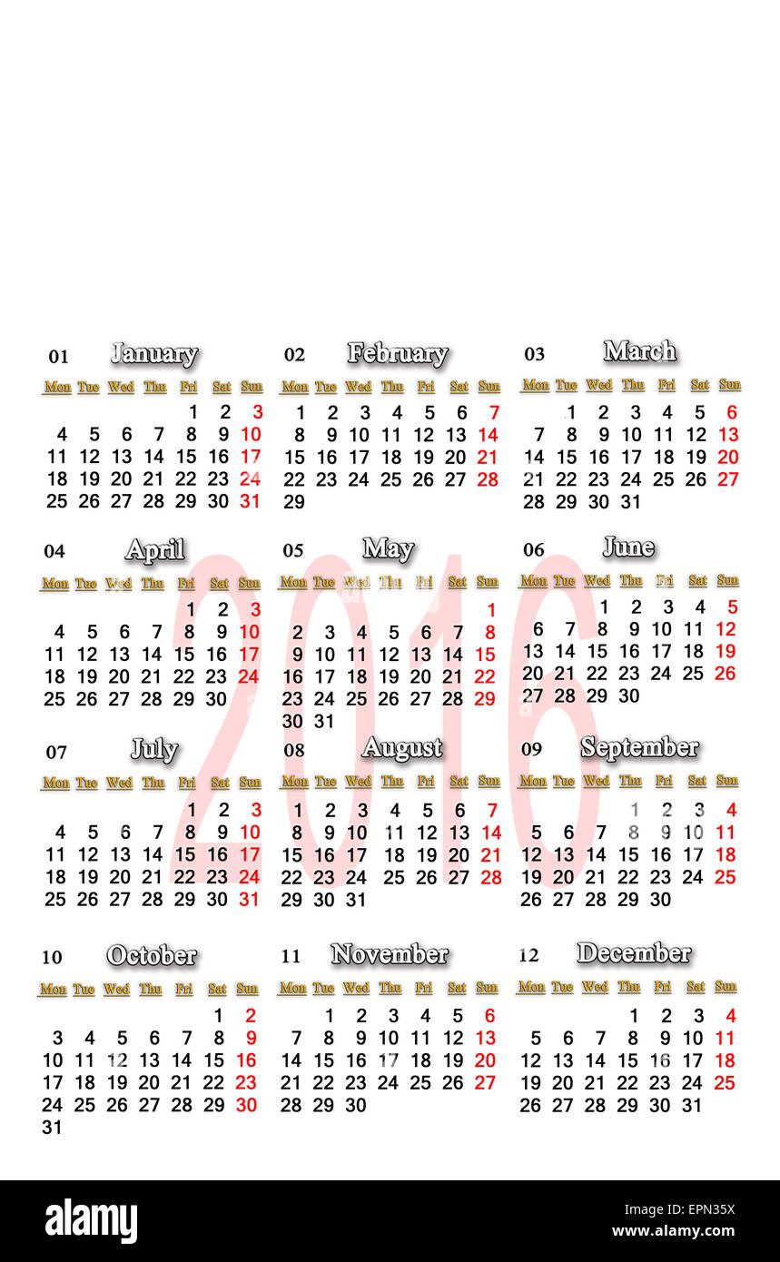 Calendario di Office per il 2016 in inglese con il luogo di immagine o di testo Foto Stock
