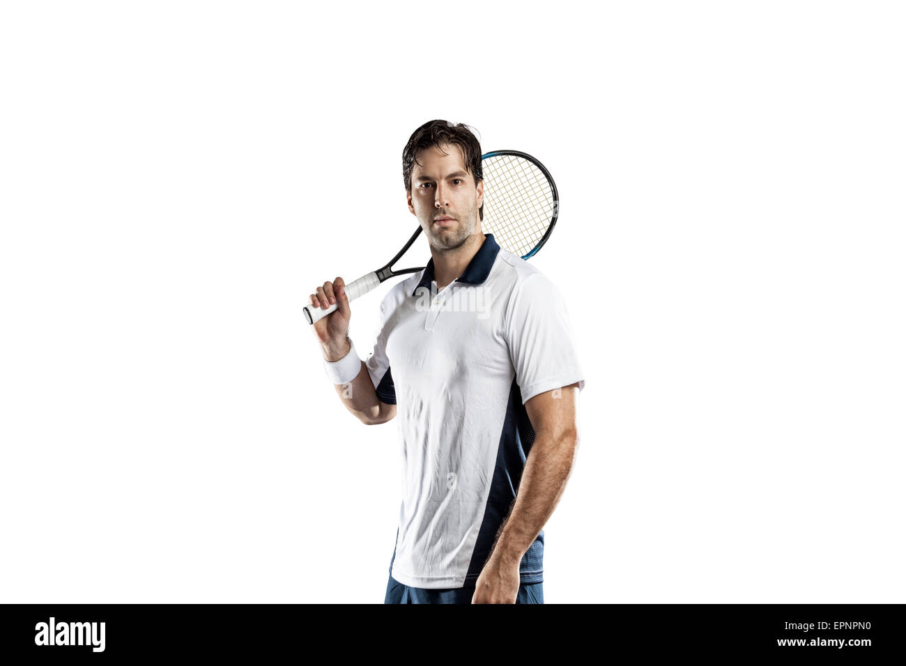 Giocatore di tennis su uno sfondo bianco. Foto Stock