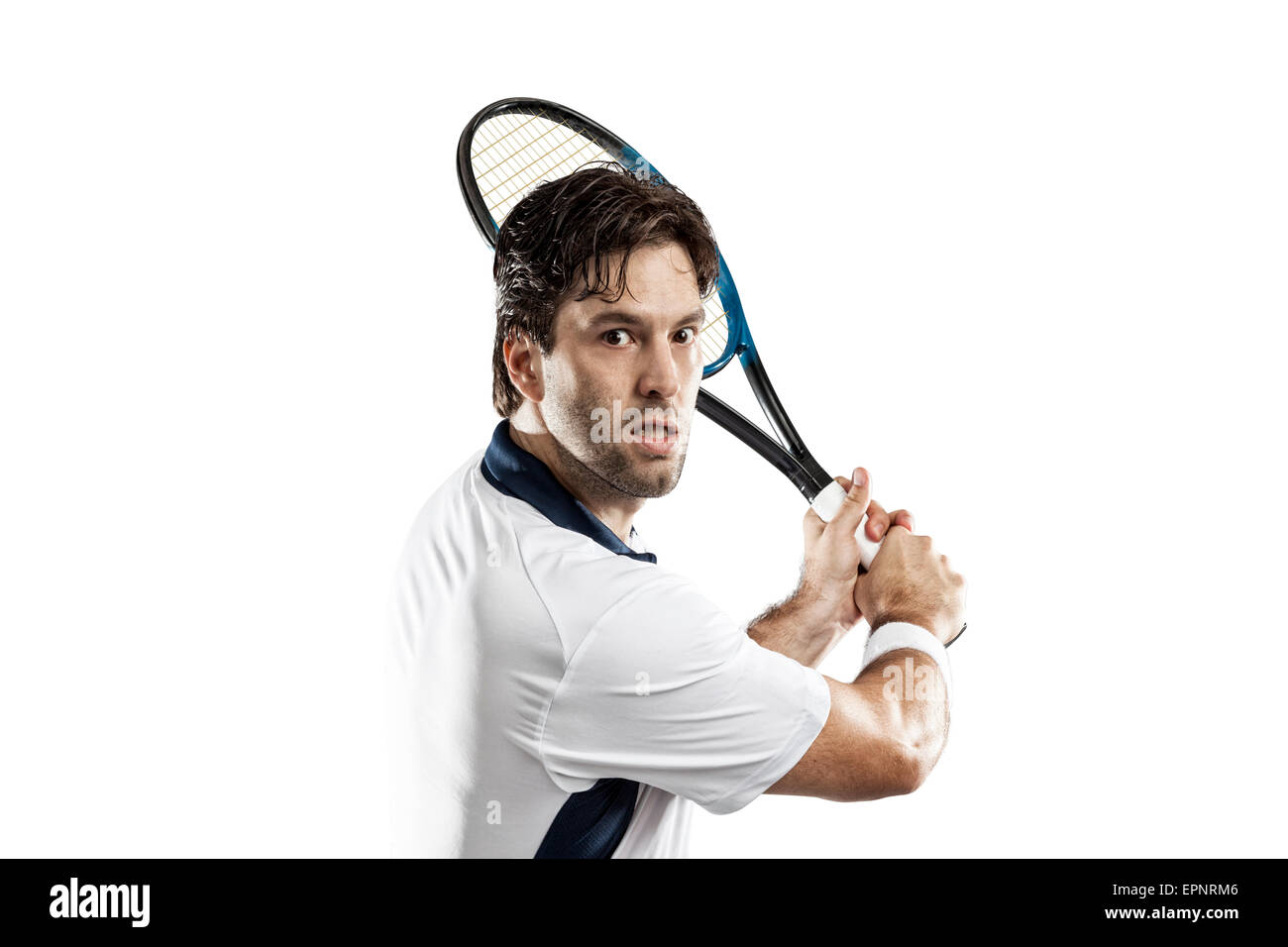 Giocatore di tennis su uno sfondo bianco. Foto Stock