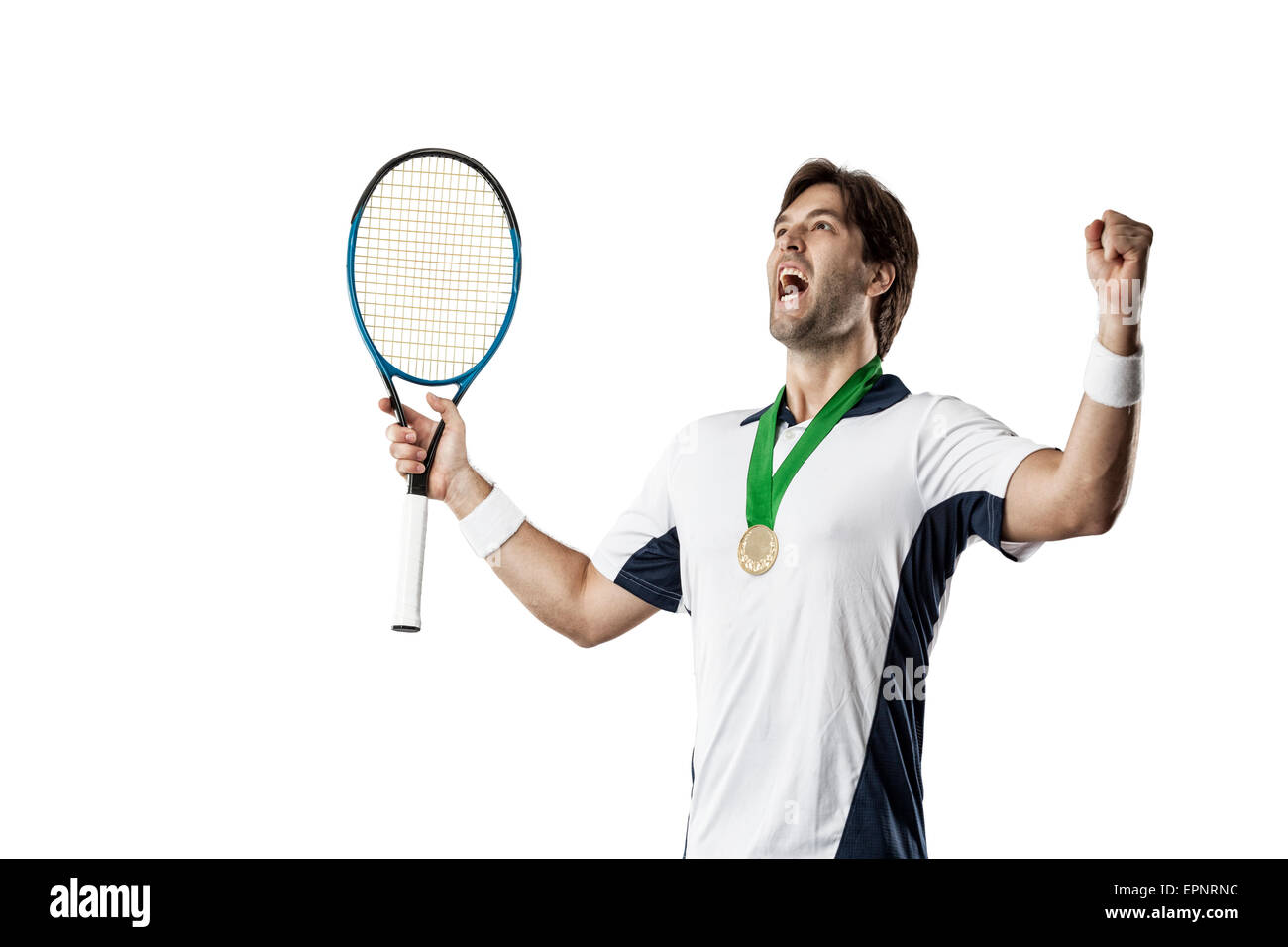 Giocatore di Tennis celebrando con una medaglia di oro su sfondo bianco. Foto Stock