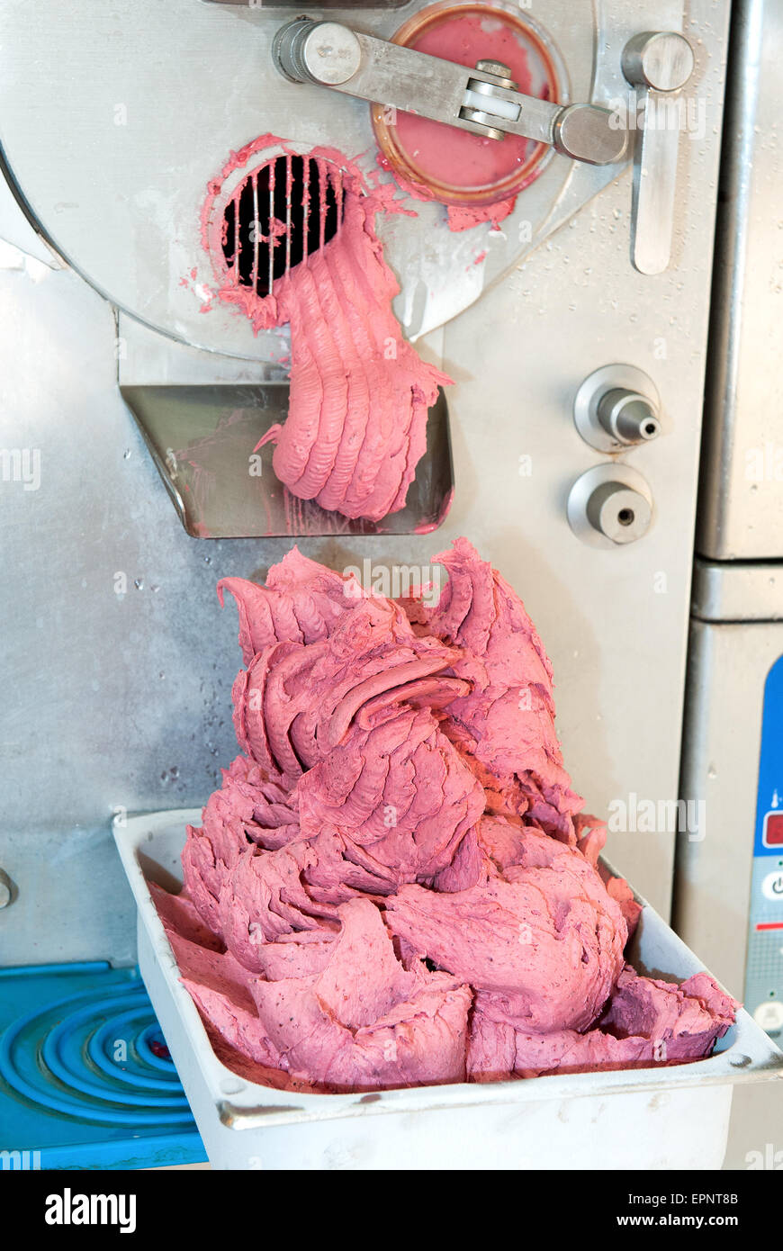 Berry ice cream essendo realizzato in un acciaio inossidabile zangola industriale o macchina essendo erogato in un vassoio per esposizione e vendita Foto Stock