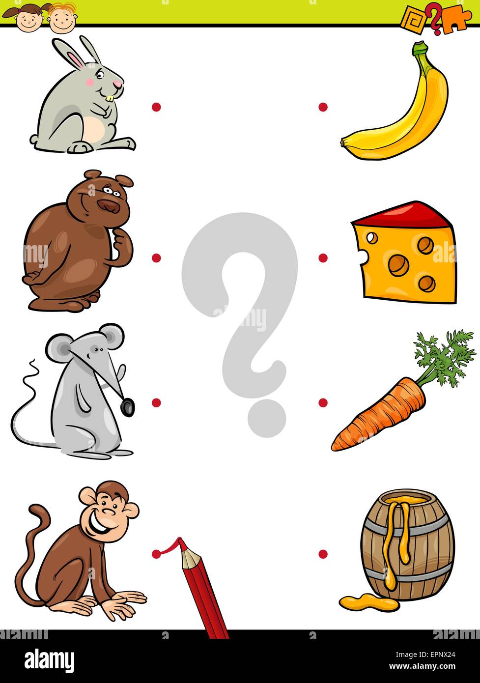 Cartoon illustrazione di istruzione corrispondente elemento di gioco per bambini in età prescolare con gli animali e il loro cibo preferito Illustrazione Vettoriale