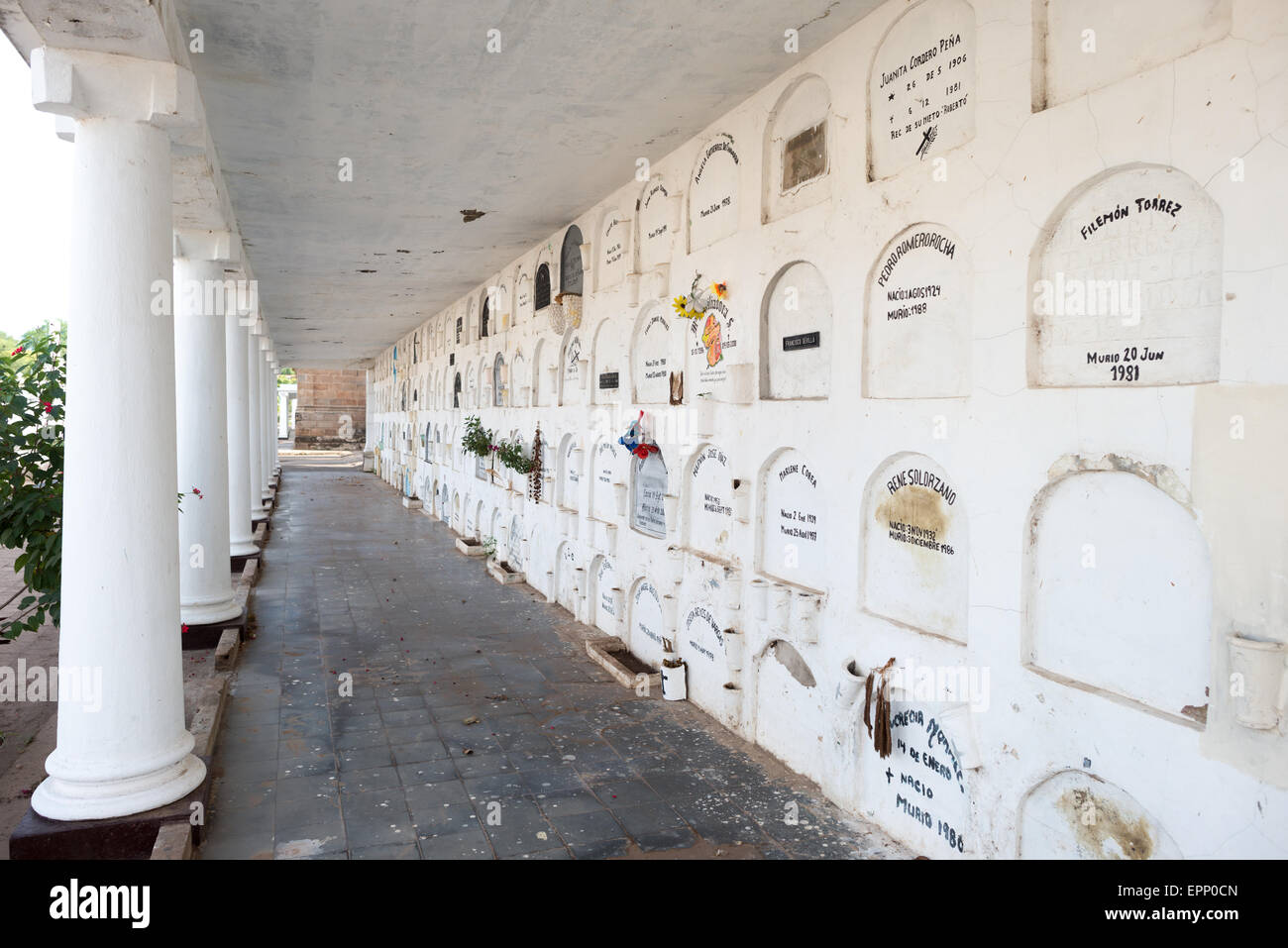 Cimitero di Granada Muri ad arco in stucco bianco Tombe Granada Nicaragua | GRANADA, Nicaragua — Una galleria con colonne protegge fila su fila di tombe a muro ad arco impilate nel cimitero municipale di Granada. La sepoltura sopraelevata di questo tipo riflette la superficie limitata del sito e la tradizione cattolica del Nicaragua di inumare in nicchie, con targhe dipinte che registrano nomi e date attraverso le generazioni delle famiglie locali. Gli storici nicaraguensi datano le origini del cimitero al XIX secolo, anche se l’anno di fondazione rimane controverso. Foto Stock
