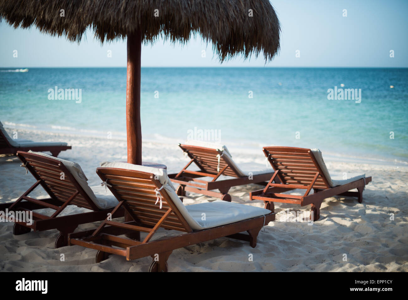 PLAYA MUJERES, Messico - sedie a sdraio sulla spiaggia a Playa Mujeres in Messico. Foto Stock