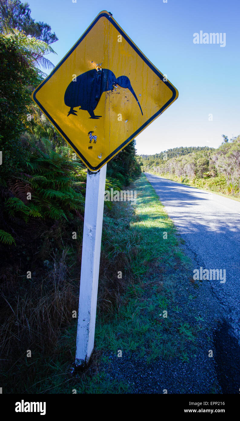 Attenzione gialla di avvertimento dei Kiwi cartello stradale dal lato di una strada nell Isola del Sud della Nuova Zelanda Foto Stock