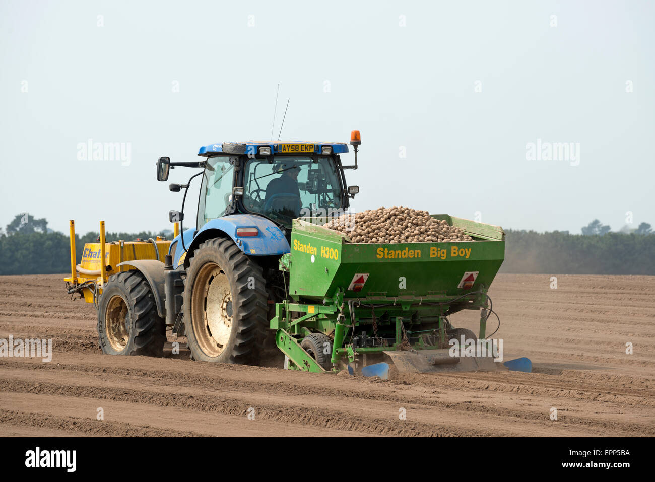 Standen grande grande piantatrice di patate con Chafer Irroratrice raccolto collegato alla parte anteriore del trattore New Holland, Sutton Heath, Suffolk, Regno Unito. Foto Stock