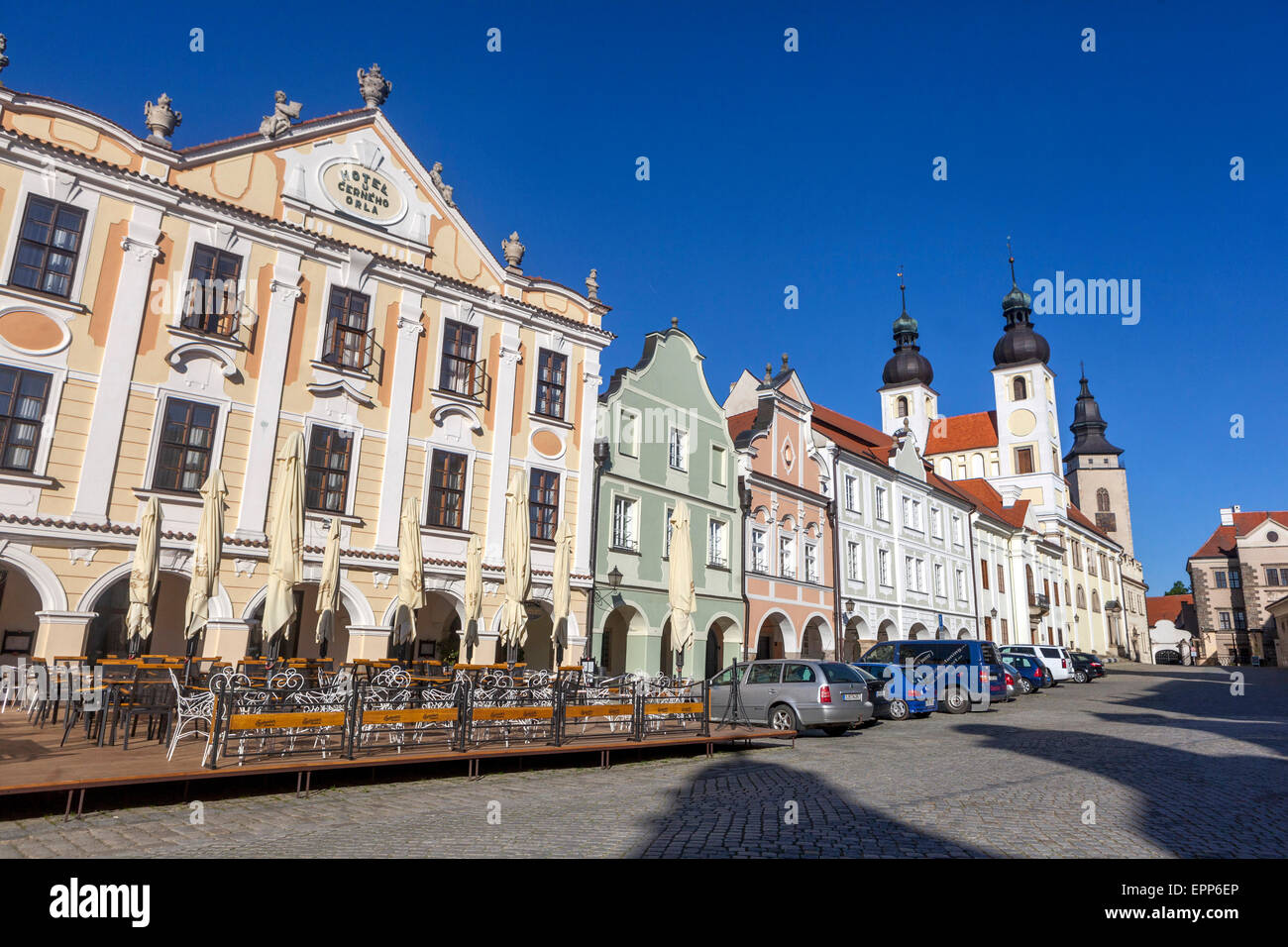 Telc Piazza Repubblica Ceca, patrimonio mondiale UNESCO Città, la piazza principale, facciata townhouses Foto Stock