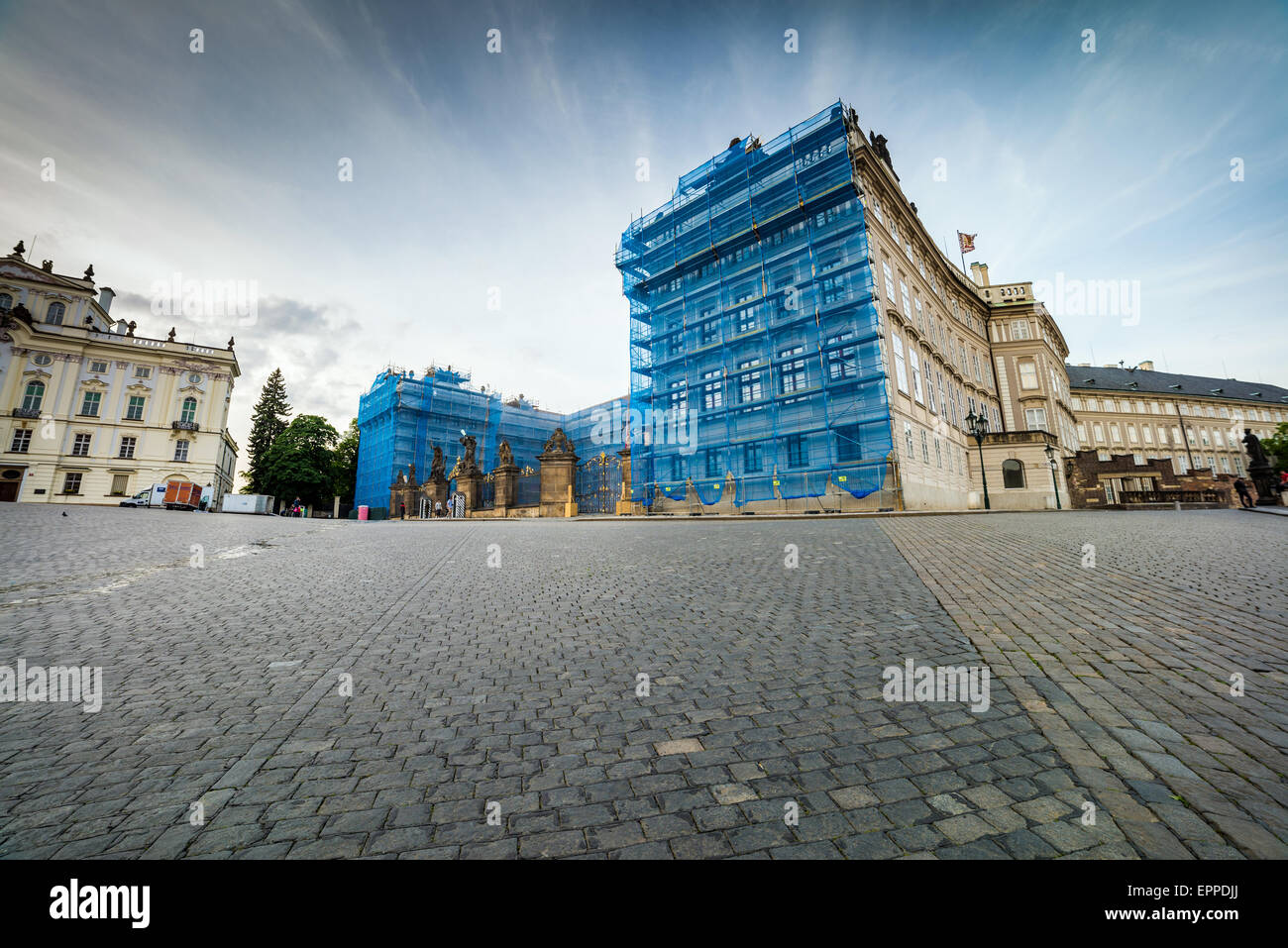 La riparazione della facciata del castello di Praga, Repubblica Ceca, Europa Foto Stock