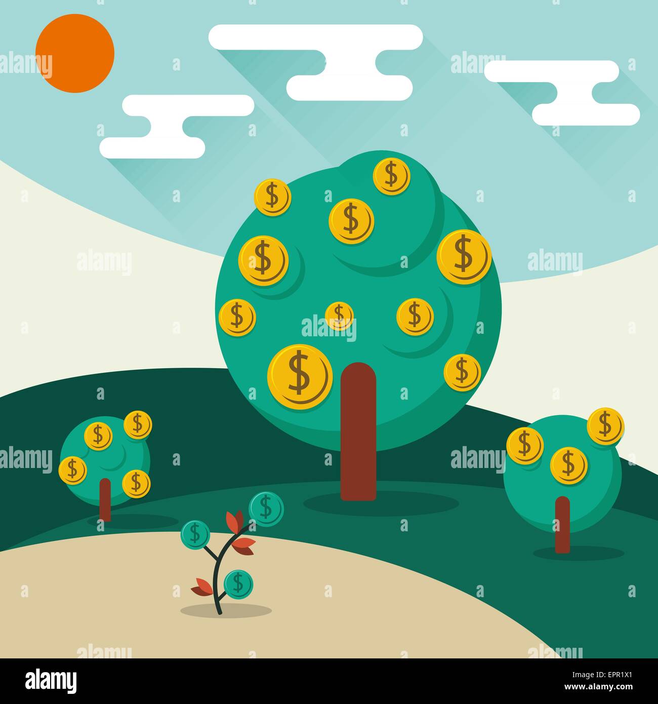 Una illustrazione concettuale di alberi che crescono il denaro sotto forma di monete del dollaro. Concetto di profitto o la crescita economica, a guadagnare i Illustrazione Vettoriale