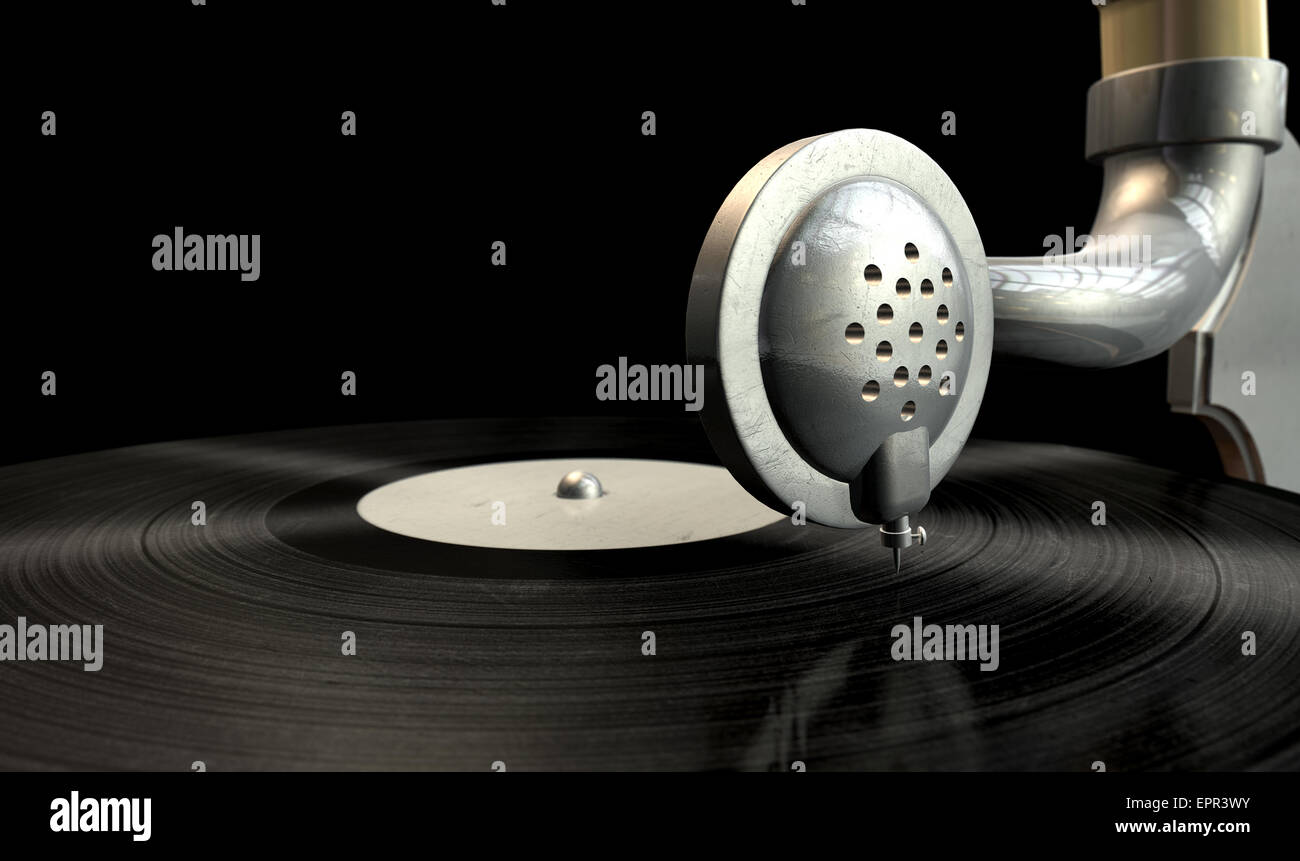 Un primo piano og l'ago di un vecchio ottone e legno grammofono toccando un vinile isolato su un sfondo scuro Foto Stock