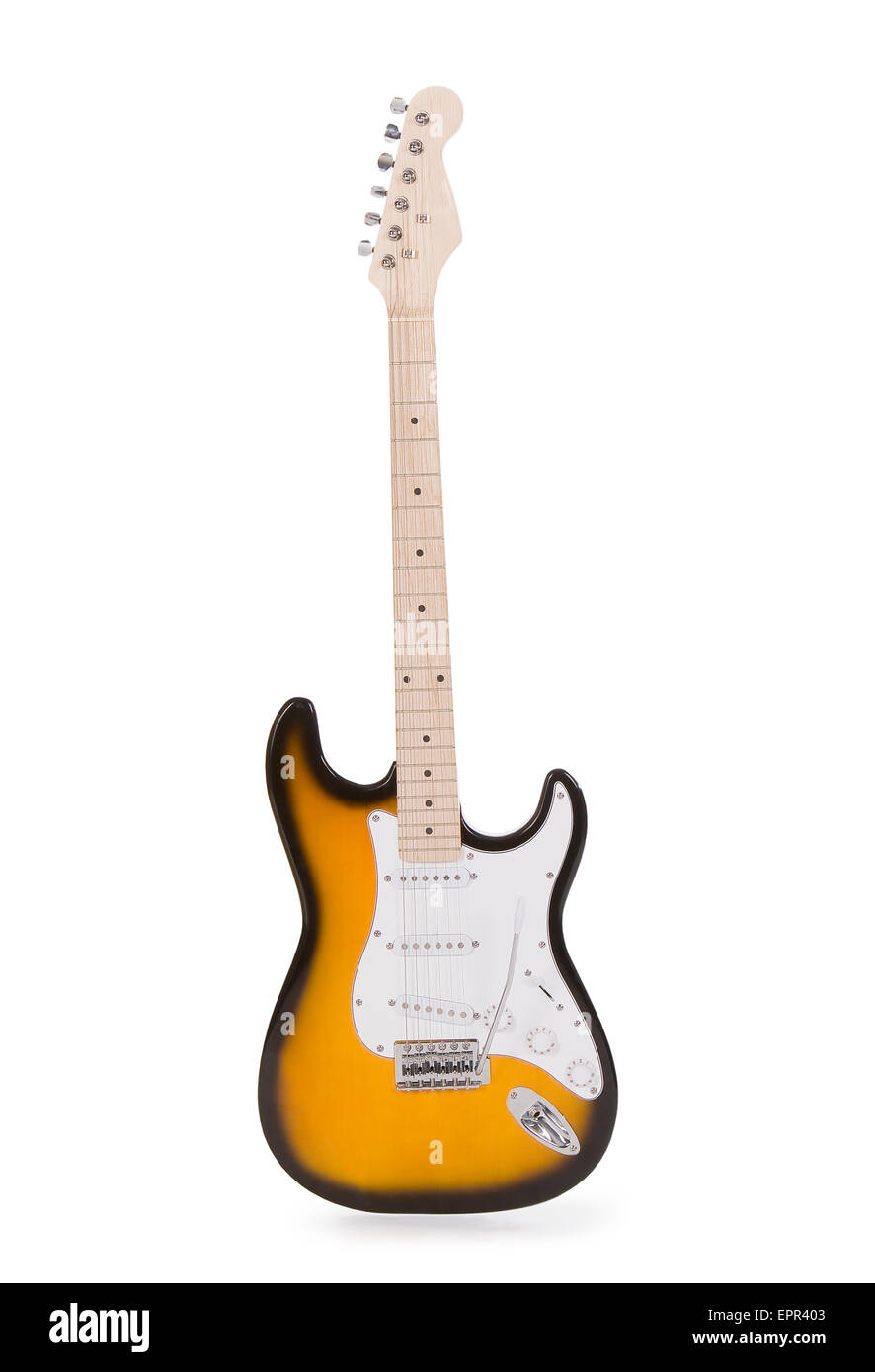 Chitarra elettrica isolata su bianco Foto Stock