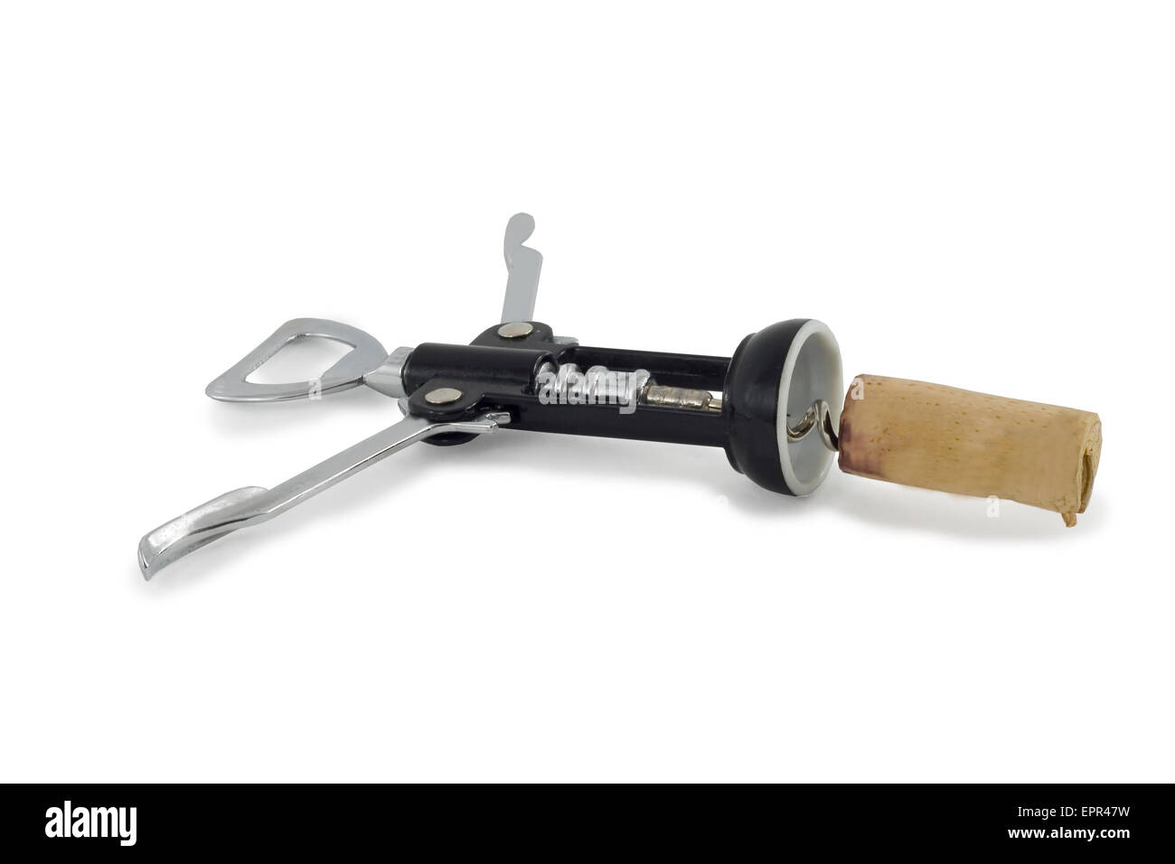 Struttura di cavatappi con tappo di vino su sfondo bianco Foto Stock