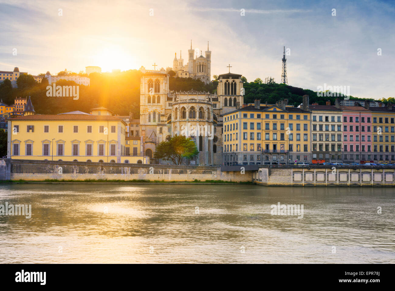 Fiume Saone al tramonto, Lione, Francia. Foto Stock