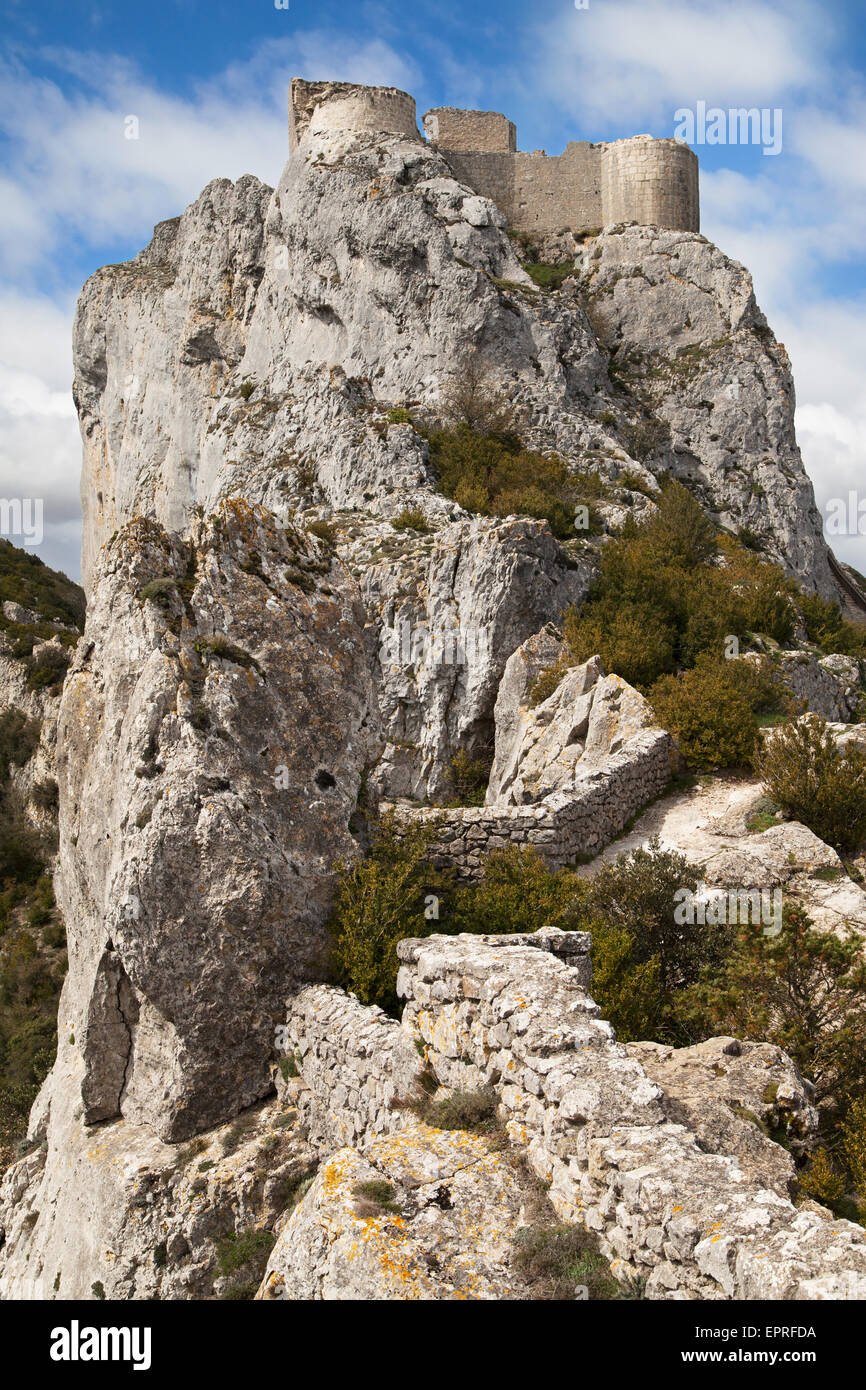 Castello cataro di Peyrepertuse, Aude, Languedoc-Roussillon, Francia. Foto Stock